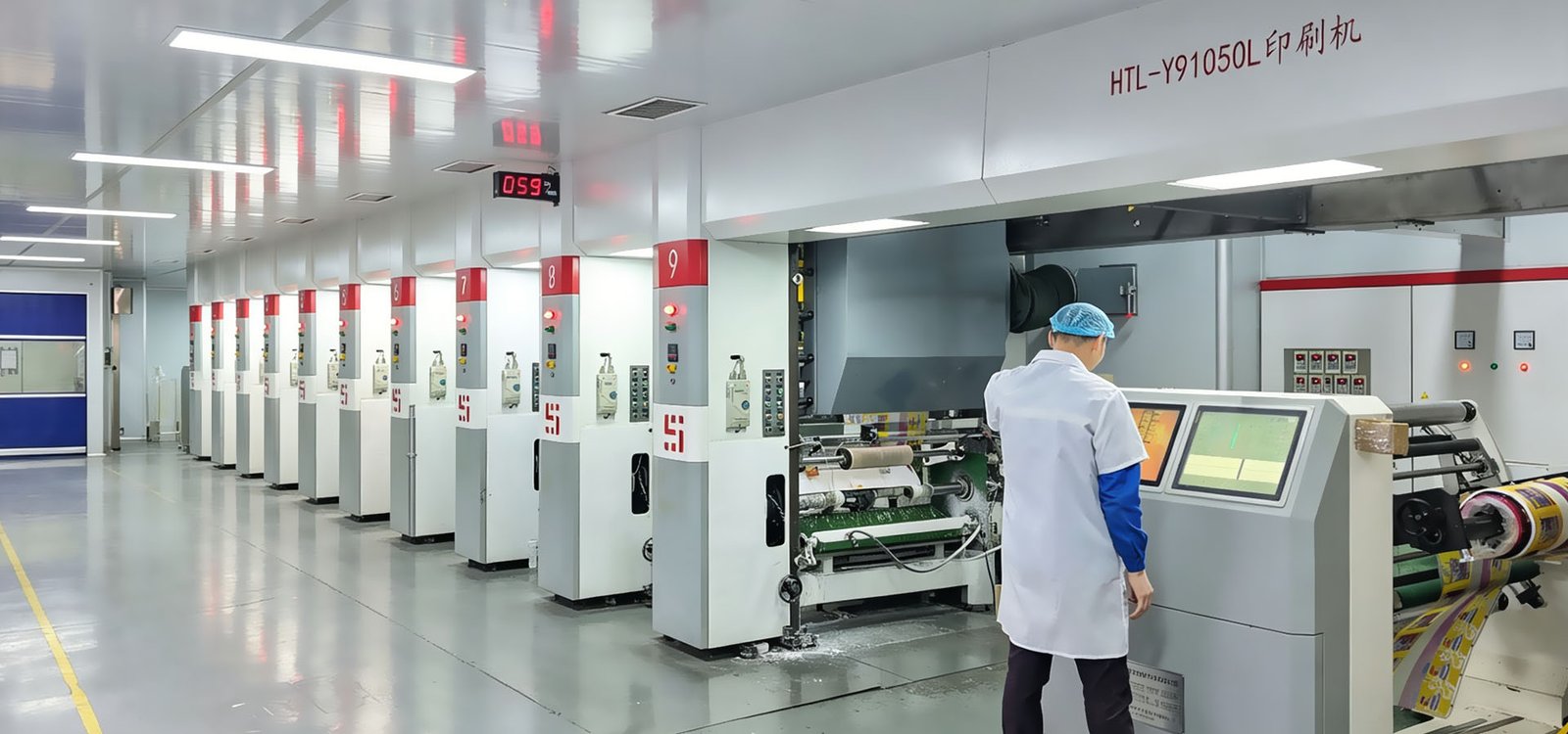 Multi-color gravure printing line for flexible packaging