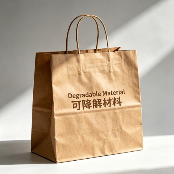 Brown kraft paper shopping bag with twisted rope handles, printed degradable material text