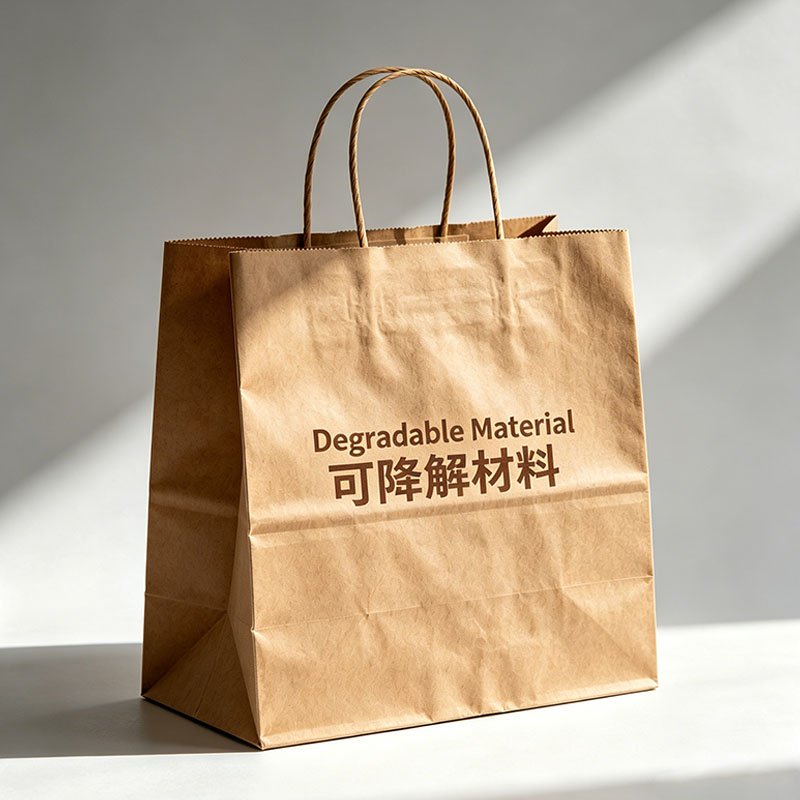 Brown kraft paper shopping bag with twisted rope handles, printed degradable material text